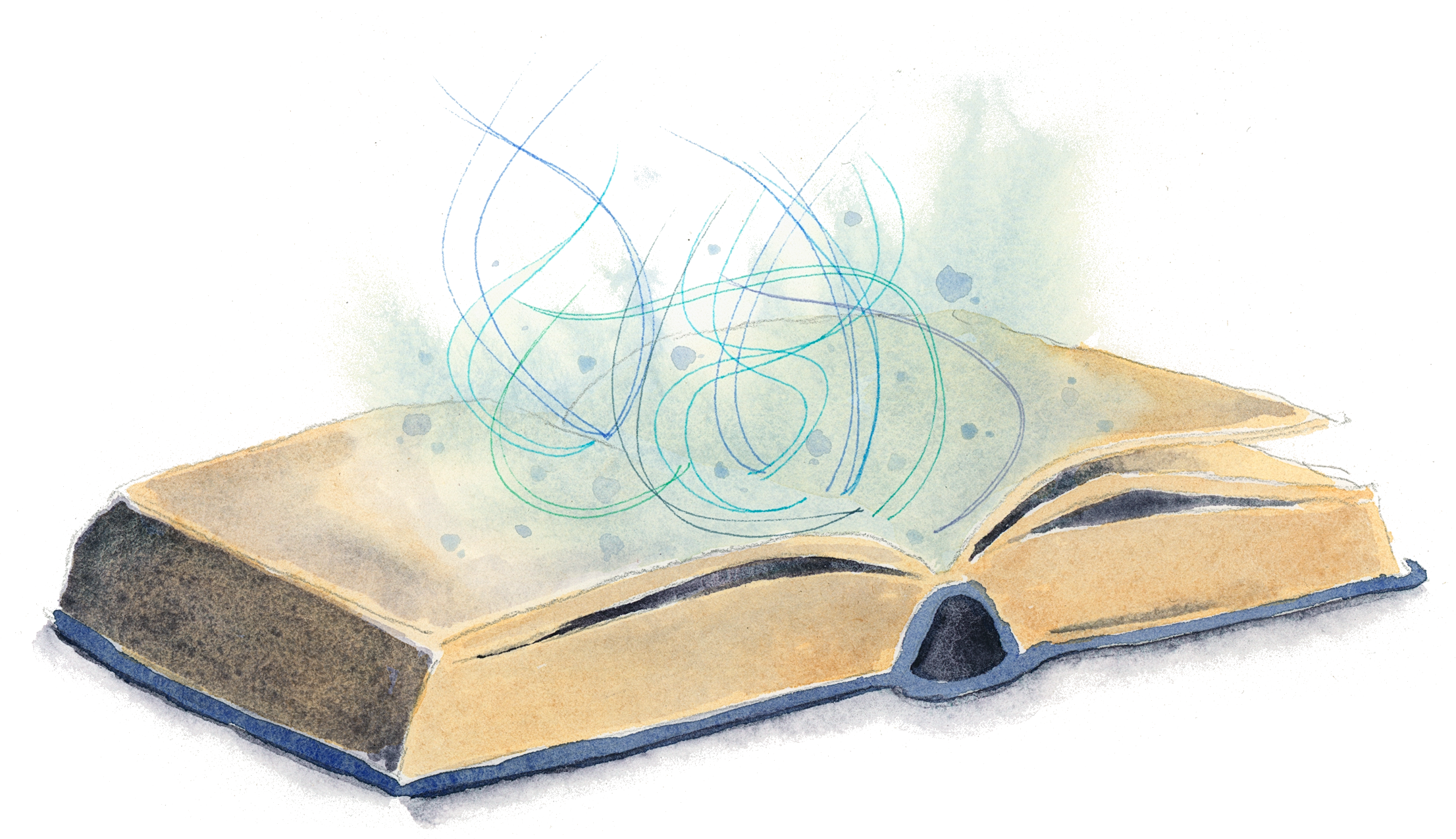 Watercolor illustration of a magical open book